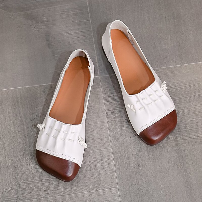 Women's Flats Plus Size Comfort Shoes Outdoor Office Work Color Block Summer Spring Lace-up Flat Heel Square Toe Casual Minimalism Walking Faux Leather Loafer Light Brown Black White4