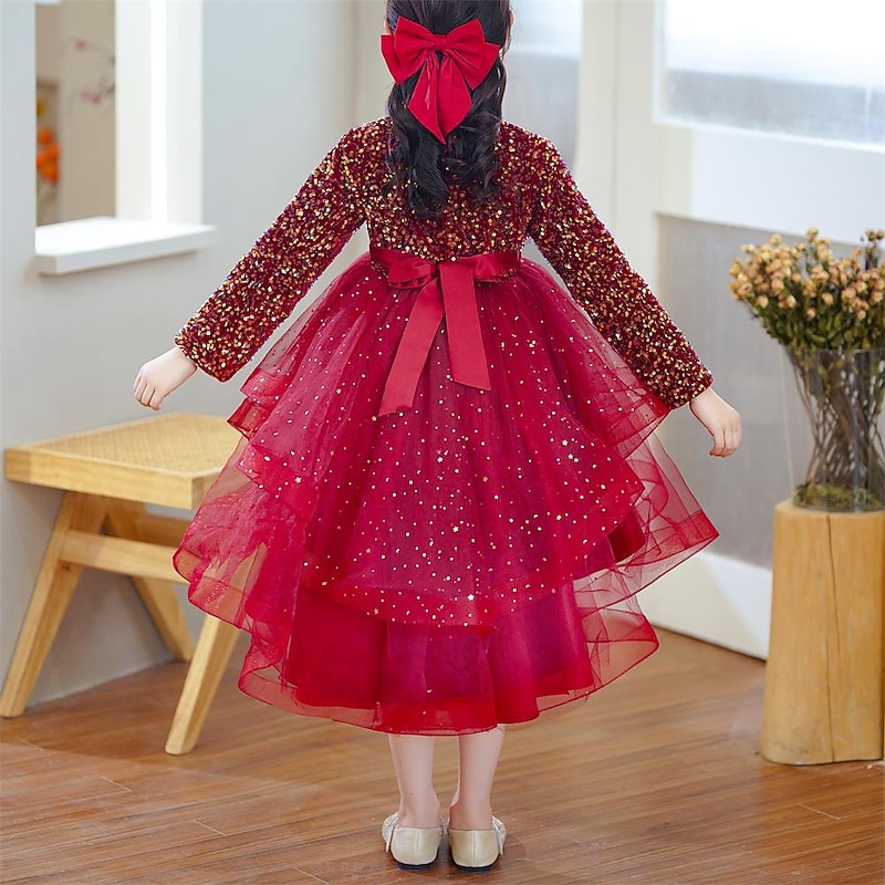 Kids Girls' Dress Solid Colored Long Sleeve Party Daily Sequins Bow Cute Princess Polyester Knee-length Tulle Dress Spring Fall Winter 3-12 Years Champagne Red4