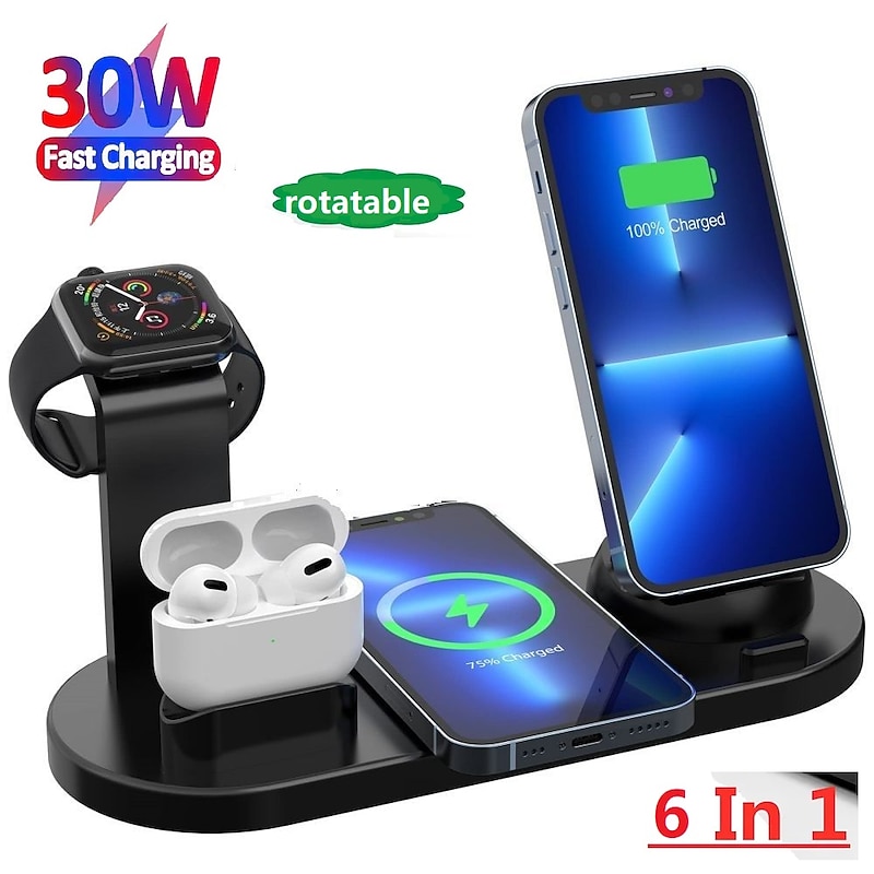 Wireless Charger Stand 6 in 1 QI Wireless Charging Station Dock for Iwatch iPhone Airpods Compatible with iPhone iPhone 14 13 12 11 Pro Max Mini X XS XR 8 7/Samsung S22/S21