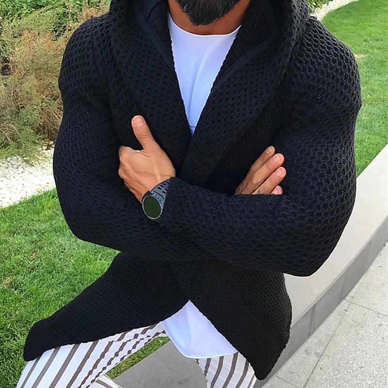 Men's Sweater Cardigan Sweater Ribbed Knit Cropped Knitted Hooded Going out Weekend Clothing Apparel Fall Winter White Army Green S M L3