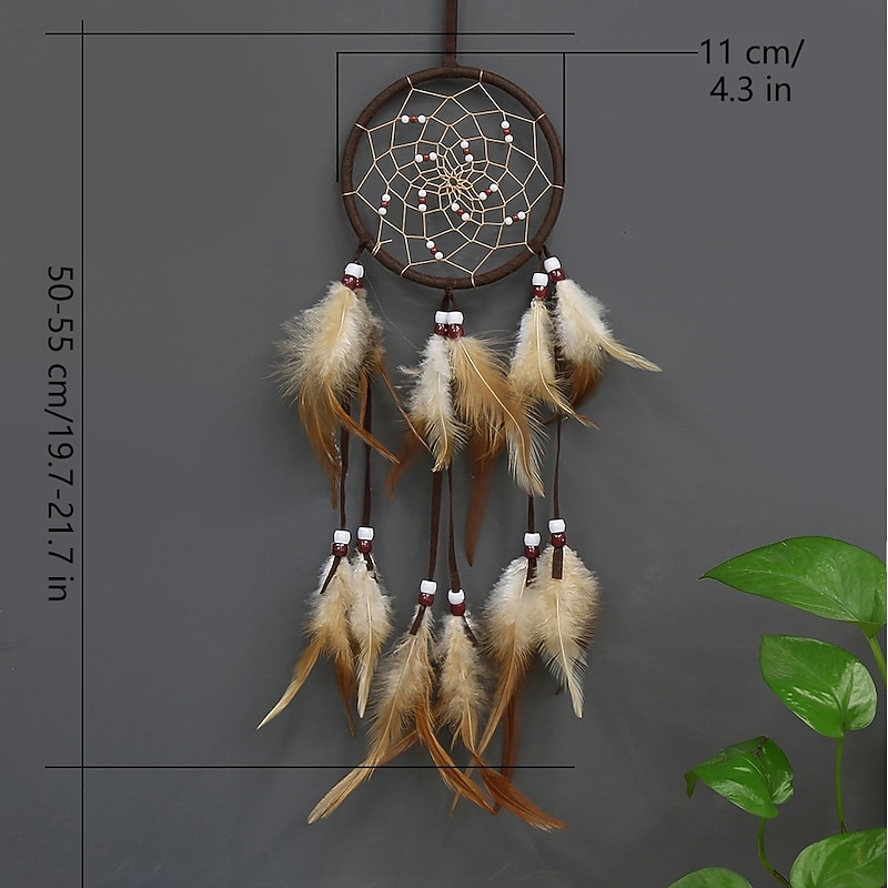 Dream Catcher Flower Pattern Handmade Gift with Gradient Feather and Beaded Wall Hanging Decor Art Indian Style 55*11 cm2