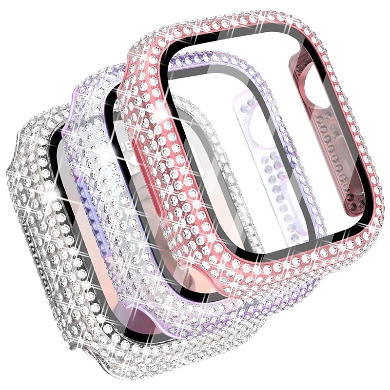 3 Pack Watch Case with Screen Protector Compatible with Apple Watch Series 8 7 41mm 45mm / Series 6 5 4 SE 40mm 44mm / Series 3 2 1 38mm 42mm Scratch Resistant Bling Diamond Rugged Tempered Glass / PC