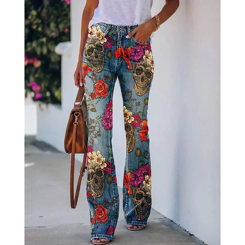 Women's Flared Pants Bell Bottom Pants Trousers Fashion Full Length Mid Waist Skull Flower / Floral Side Pockets Wide Leg Print Comfort Micro-elastic Halloween Weekend Navy-blue Rainbow Sky Blue And3