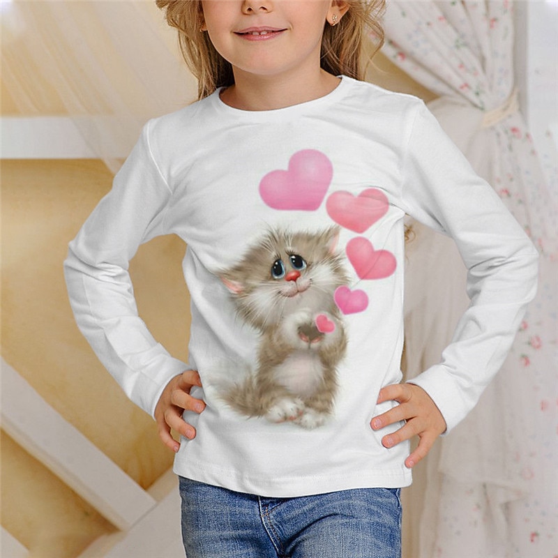 Girls' 3D Animal Cat T shirt Long Sleeve 3D Print Fall Winter Active Sports Fashion Kids 3-12 Years Outdoor Daily Indoor Regular Fit4