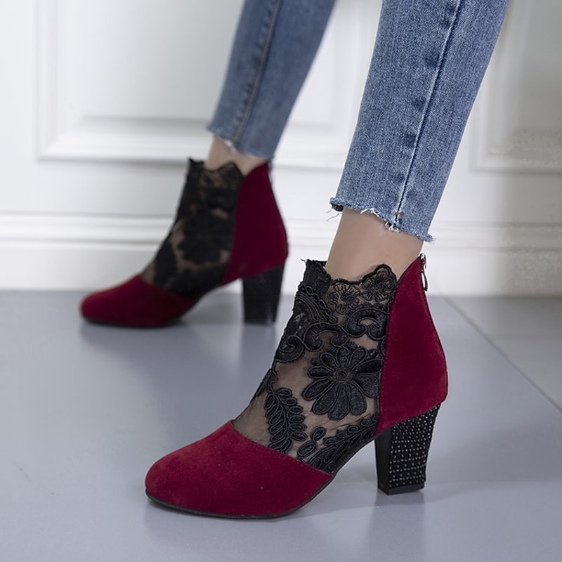 Women's Black Lace Embroidered Ankle Boots with Block Heel - Elegant Footwear for Evening Events4