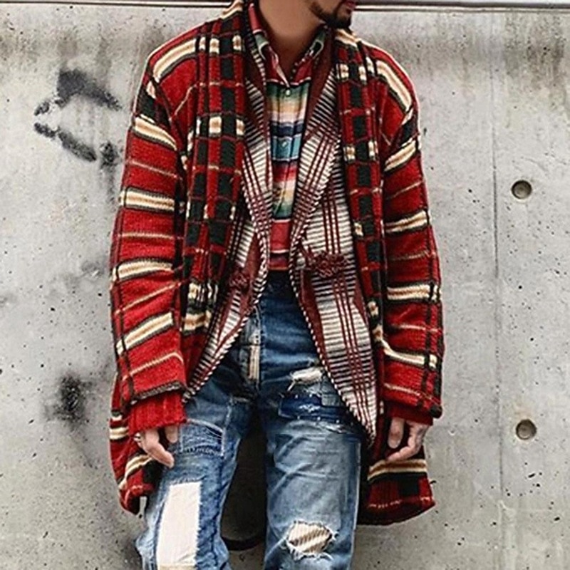 Men's Sweater Cardigan Sweater Ribbed Knit Cropped Knitted Plaid V Neck Stylish Basic Outdoor Daily Clothing Apparel Fall Winter Red M L XL2