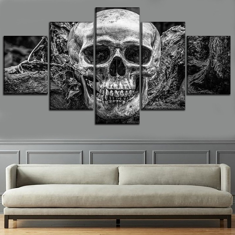 5 Panels Halloween Prints Black Skulls Modern Wall Art Wall Hanging Gift Home Decoration Rolled Canvas Unframed Unstretched Painting Core
