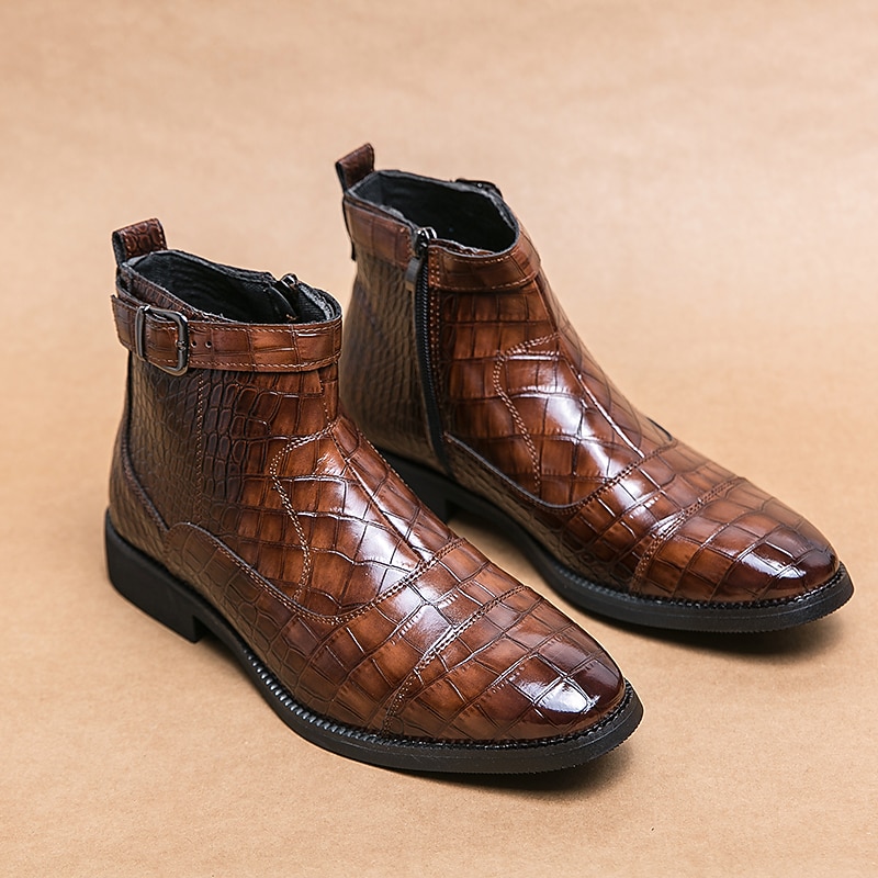 Men's Brown Crocodile Pattern Faux Leather Ankle Boots with Buckle and Side Zipper – Stylish Dress Boots for Formal and Casual Wear3