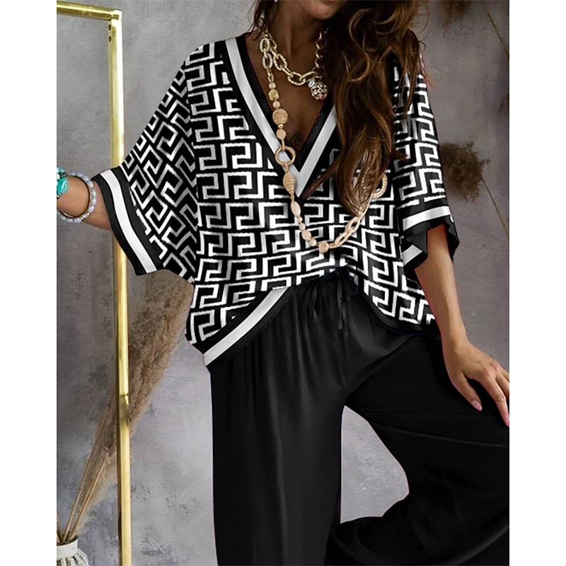 Women's Loungewear Nighty Sets 2 Pieces Geometic Simple Comfort Home Daily Going out Breathable V Wire Half Sleeve Shirt Pant Spring Fall Home Outfits4