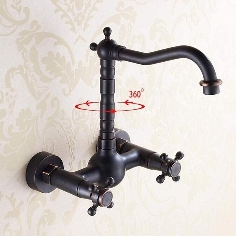 Traditional Bathroom Sink Mixer Taps Black Wall Mounted, 360° Rotatable Antique Retro Brass Sink Kitchen Tap Washroom Basin Bathtub Tub2