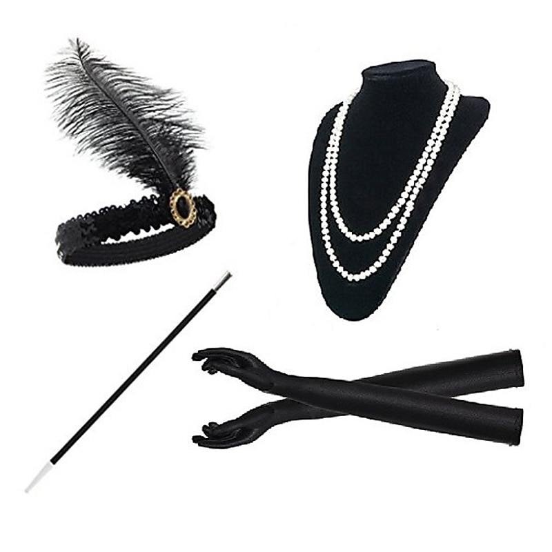 The Great Gatsby Charleston Roaring 20s 1920s Vintage Inspired Gloves Necklace Flapper Headband Women's Feather Costume Vintage Cosplay Party Prom Gloves / Cigarette Stick / Plastic / Solid Colored2