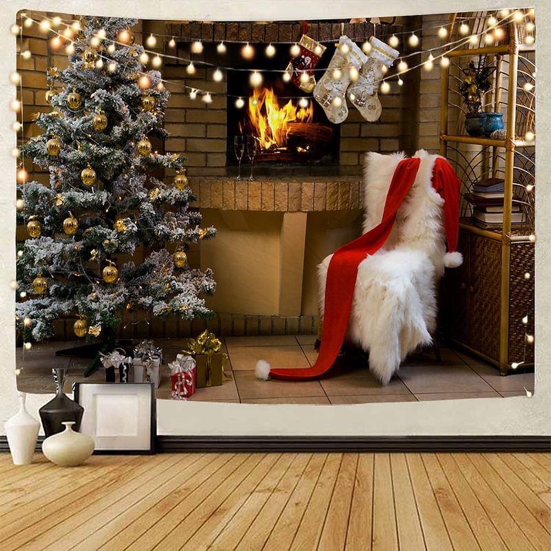 Christmas Decorations Santa Claus Christmas Tree Holiday Party Xmas Large Wall Tapestry Art Decor Photo Background Backdrop Blanket Hanging Home Bedroom Living Room Fireplace Stocking Gift Polyester4