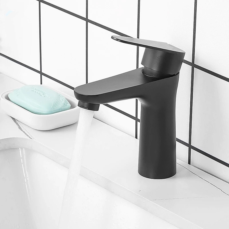 Bathroom Sink Faucet,Stainless Steel Matte Black/Nickel Brushed Single Handle One Hole Bath Taps with Hot and Cold Switch