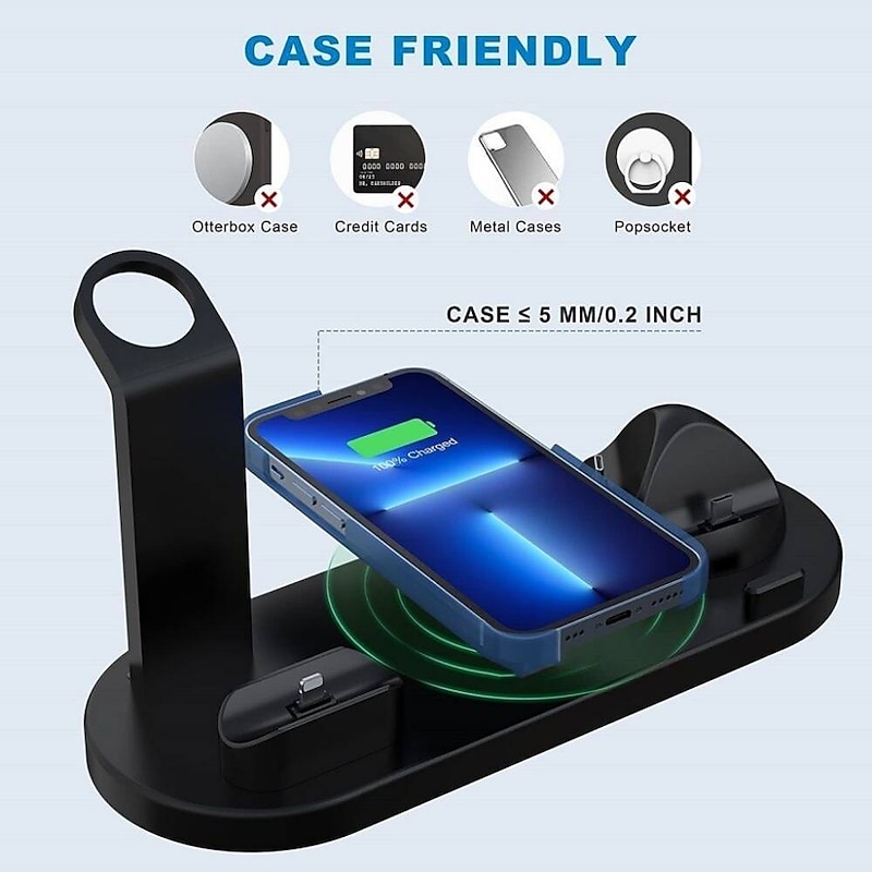 Wireless Charger Stand 6 in 1 QI Wireless Charging Station Dock for Iwatch iPhone Airpods Compatible with iPhone iPhone 14 13 12 11 Pro Max Mini X XS XR 8 7/Samsung S22/S213