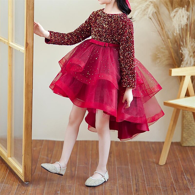 Kids Girls' Dress Solid Colored Long Sleeve Party Daily Sequins Bow Cute Princess Polyester Knee-length Tulle Dress Spring Fall Winter 3-12 Years Champagne Red3