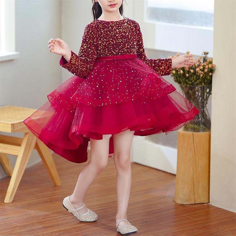Kids Girls' Dress Solid Colored Long Sleeve Party Daily Sequins Bow Cute Princess Polyester Knee-length Tulle Dress Spring Fall Winter 3-12 Years Champagne Red