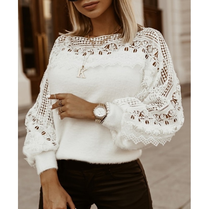 Women's Pullover Sweater Jumper Casual Solid Color Floral Crochet Crew Neck Lace Trims Long Sleeve Cropped Knit Daily Holiday White Fall Winter