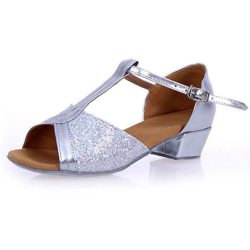Girls' Latin Dance Shoes Dance Shoes Performance Stage Indoor Sparkling Shoes Heel Glitter Low Heel Thick Heel T-Strap Silver Gold