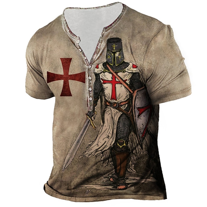 Men's Graphic Templar Cross Cross T Shirt Henley Shirt Tee Short Sleeve 3D Print Designer Basic Casual Outdoor Daily Sports Summer Blue Purple Brown Green Gray Henley Henley T-Shirt4