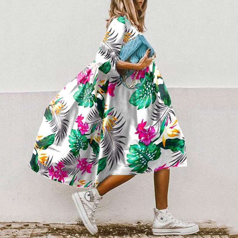 Women's Midi Dress Swing Dress Boho Dress Casual Boho Outdoor Vacation Daily Regular Fit Floral 3/4 Length Sleeve Crew Neck Round Neck White Yellow Red Blue Summer Spring