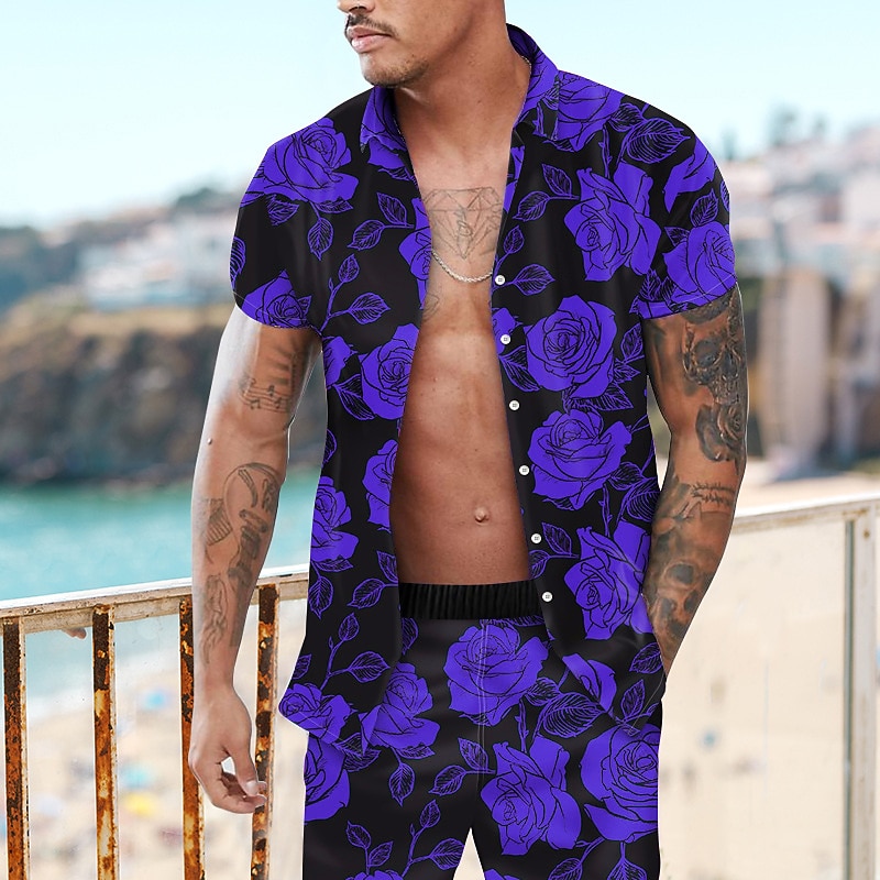Men's Floral Rose 2pcs Shirts Sets Summer Hawaiian Shirt Short Sleeve Short Pants Turndown Fashion Hawaiian Designer Outdoor Vacation Beach 3D Print Button-Down Summer Spring Yellow Red Purple4