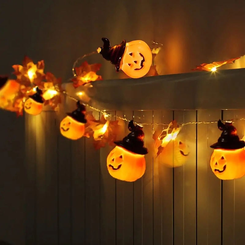 Halloween Fall Pumpkin String Lights Hat Pumpkin Maple Leaf String Lights 3M-20LEDs 1.5M-10LEDs Battery Powered Home Party Holiday Halloween Decoration Lights3