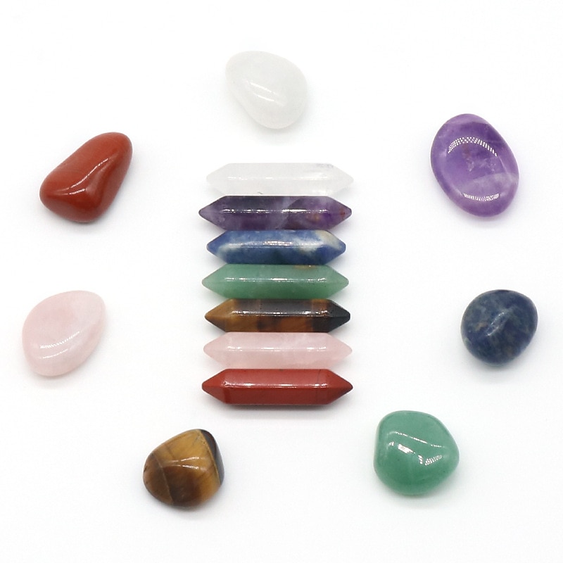 Chakra Healing Stones Set Natural Spar Hexagonal Column Double Point 7 Irregular 7 Set Gift Box4