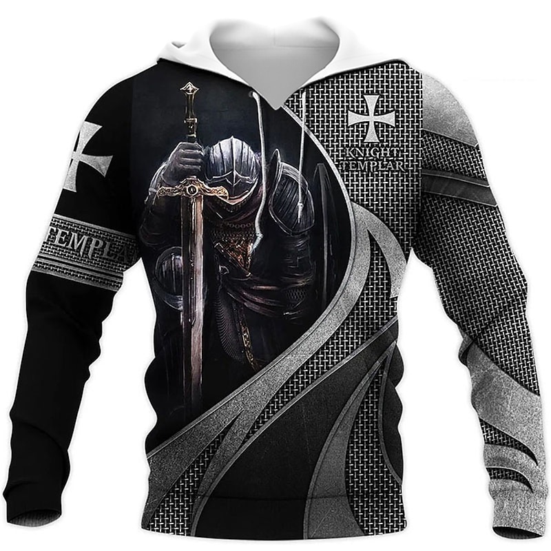 Men's Graphic Knights Templar Cross Hoodie Hoodies Sweatshirt Designer Casual Long Sleeve Hooded Work Daily Weekend White+Dark Gray light gray & black Print Spring &  Fall Designer3