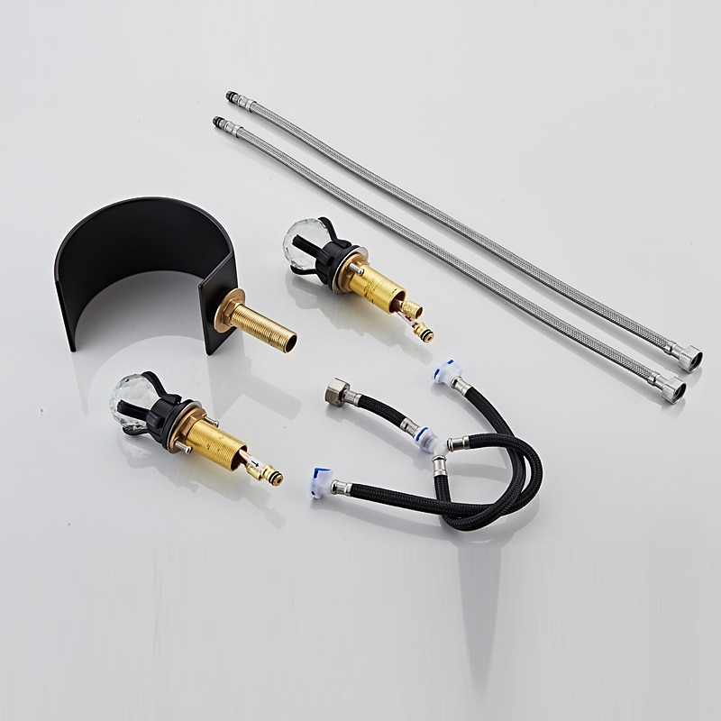 Bathroom Faucet 3 Hole Dual Crystal Knobs Widespread 3 Holes Vanity Basin Mixer Tap Bathtub Filler Faucet Waterfall Faucet for Bathroom(Golden/Black/Chrome)4