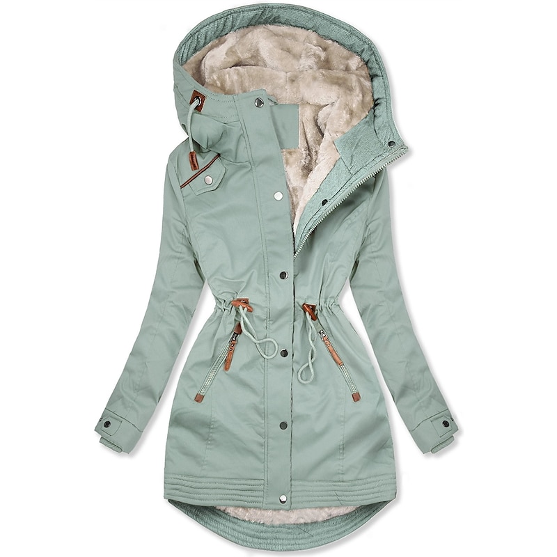 Women's Winter Jacket Parka Warm Zipper Buttons Fleece Lined Casual Street Style Plain Street Casual Daily Casual Daily Zipper Regular Hoodie Regular Fit Long Sleeve Outerwear Black Green Dark Blue