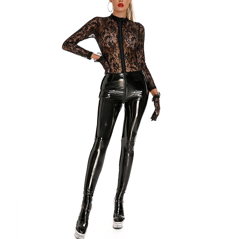 Dance Costumes Exotic Dancewear Pole dance Leotard / Onesie Lace Hollow-out Pure Color Women's Training Performance Long Sleeve High PU Polyester