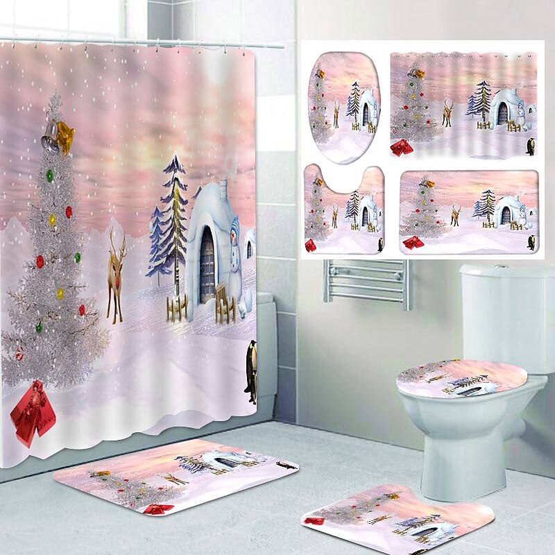Christmas Snowy Pattern Printing Bathroom Shower Curtain Leisure Toilet Four-Piece Design2