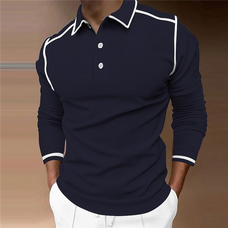 Men's Polo Shirt Golf Shirt Street Casual Polo Collar Classic Long Sleeve Fashion Designer Solid Colored Patchwork 3D Print Spring &  Fall Regular Fit Wine Navy Blue Polo Shirt