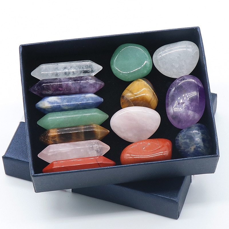 Chakra Healing Stones Set Natural Spar Hexagonal Column Double Point 7 Irregular 7 Set Gift Box2