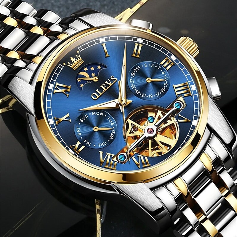 OLEVS Men Mechanical Watch Calendar Luxury Waterproof Fashion Automatic Self-winding Moon phase Luminous Stainless Steel Strap Watch2