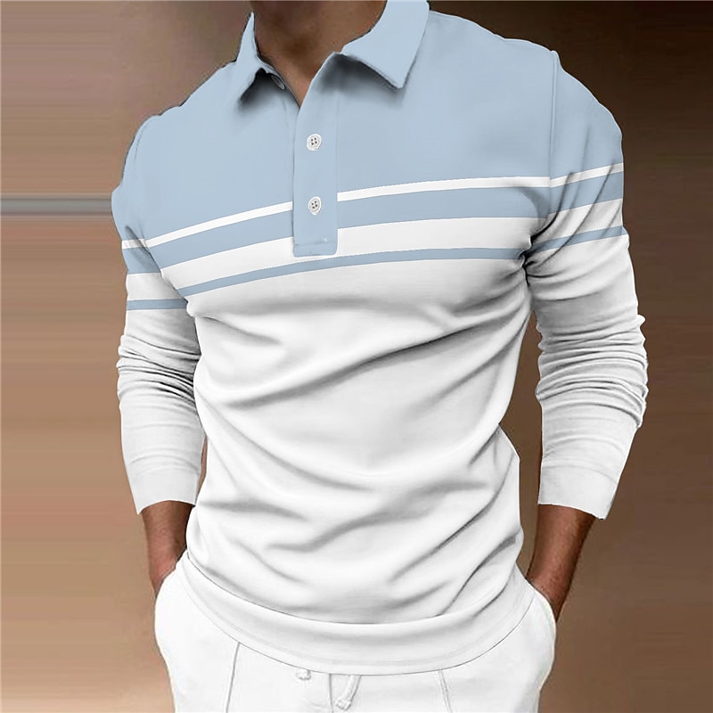 Men's Polo Shirt Golf Shirt Street Casual Polo Collar Classic Long Sleeve Designer Basic Striped Button Front Button-Down Spring &  Fall Regular Fit Black Light Green Pink Blue Khaki Light Grey Polo3
