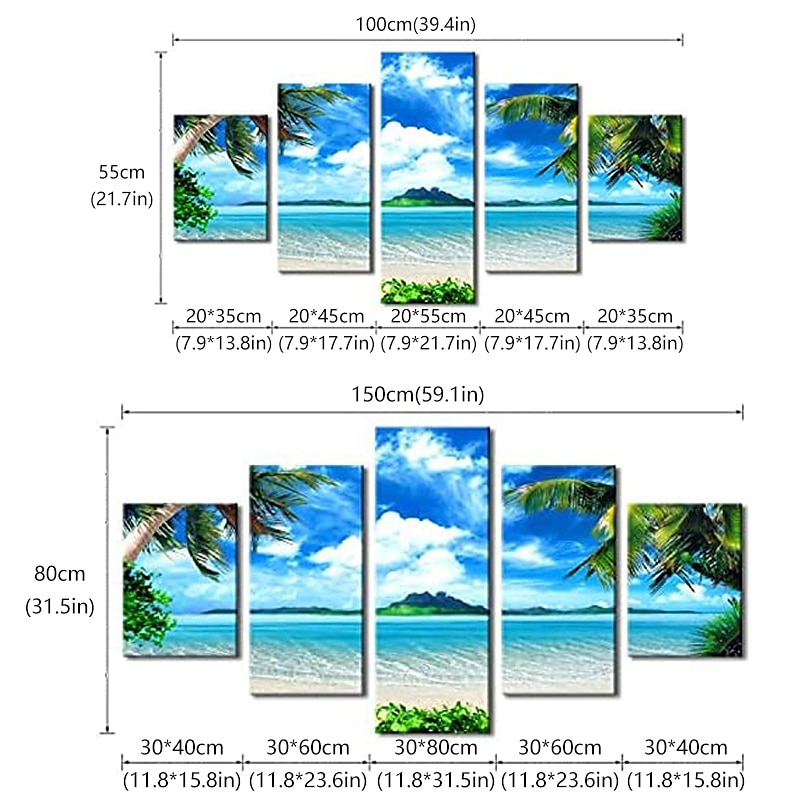5 Panels Landscape Prints Posters/Picture Beach Blue Sea Sunset Modern Wall Art Wall Hanging Gift Home Decoration Rolled Canvas No Frame Unframed Unstretched2
