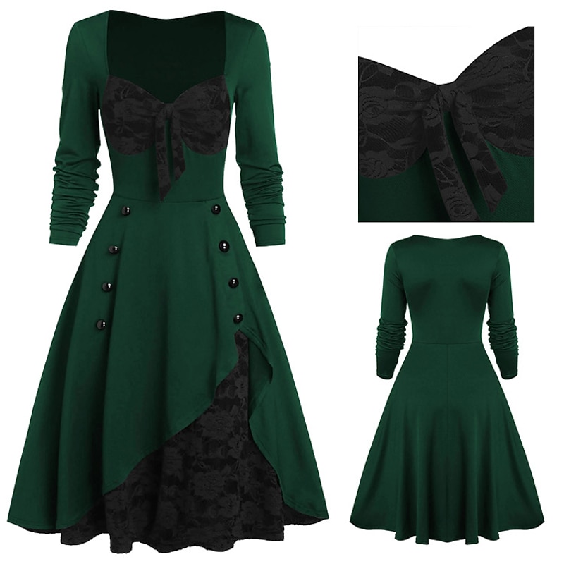 Plus Size 1950s Vintage Inspired Cocktail Dress Fall Spring Dress Flare Dress Women's Adults' Costume Vintage Cosplay Party / Evening Masquerade Cocktail Party Long Sleeve Deep U A-Line