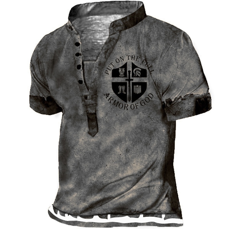 Men's T shirt Tee Henley Shirt Tee Vintage Designer Basic Shirt Graphic Letter Armor of God Short Sleeve Shirt Red Blue Purple Outdoor Daily Sports Stand Collar Summer Clothing Apparel 3D Print Plus2