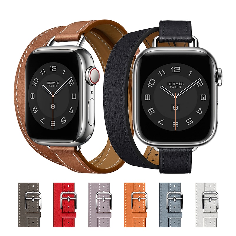 Double Tour Compatible with Apple Watch band 38mm 40mm 41mm 42mm 44mm 45mm 49mm Metal Clasp Adjustable PU Leather Strap Replacement Wristband for iwatch Ultra 2 Series 9 8 7 SE 6 5 4 3 2 1 - Main Image