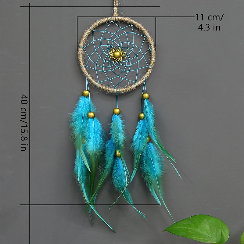 Dream Catcher Handmade Gift Blue Feather Hanging Beads Wall Hanging Decorative Art Boho Style 11*40cm2