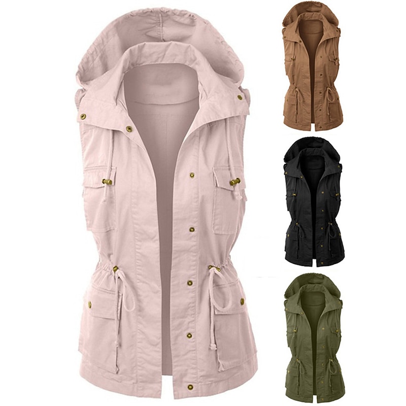 Women's Hooded Military Anorak Safari Utility Drawstring Cargo Vest Winter Jacket Trench Coat Top Outdoor Thermal Warm Windproof Multi-Pockets Army Green Pink Black Fishing Climbing Traveling