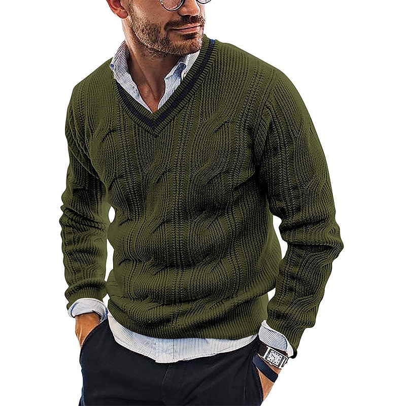 Men's Sweater Pullover Sweater Jumper Ribbed Cable Knit Cropped Knitted V Neck Going out Weekend Clothing Apparel Fall Winter Black Army Green M L XL2