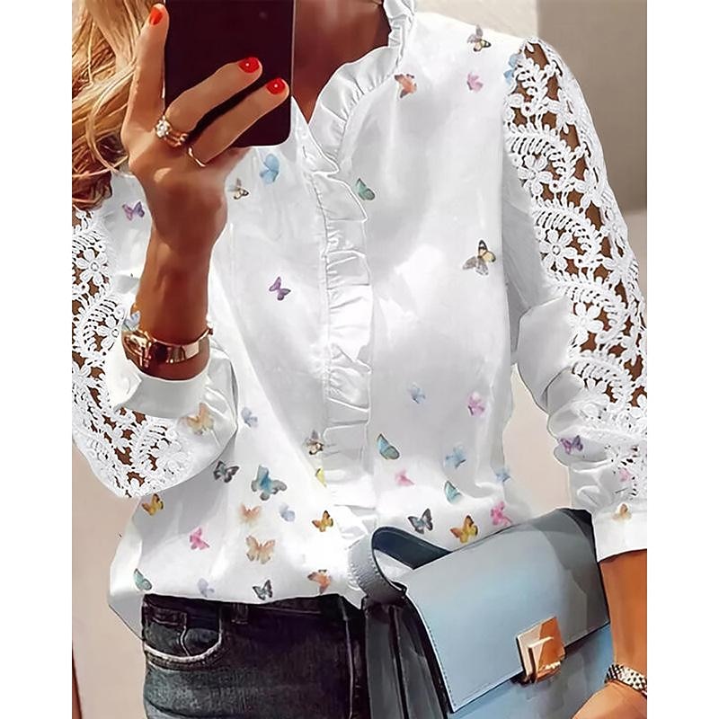 Women's Lace Shirt T shirt Tee Blouse Eyelet top Lace Daily Modern V Neck White Spring &  Fall Fall & Winter3