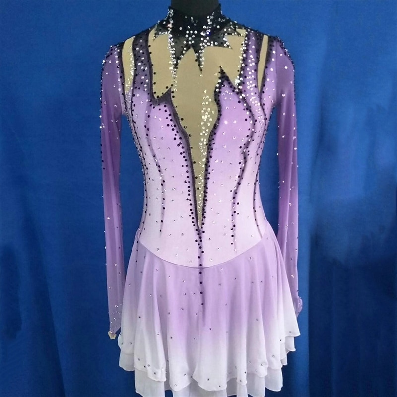 Figure Skating Dress Women's Girls' Ice Skating Dress Purple Thumbhole Spandex High Elasticity Training Competition Skating Wear Crystal / Rhinestone Long Sleeve Ice Skating Figure Skating / Winter