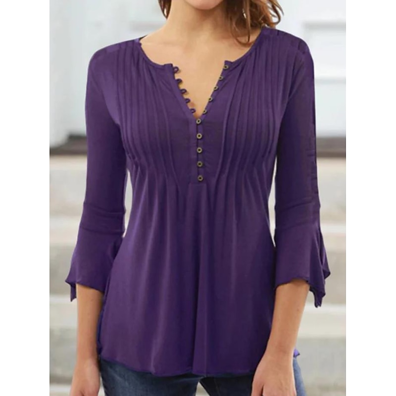 Women's Shirt Blouse Streetwear Casual 3/4 Length Sleeve Shirt Collar Regular Tops Holiday Weekend Pleated Red3