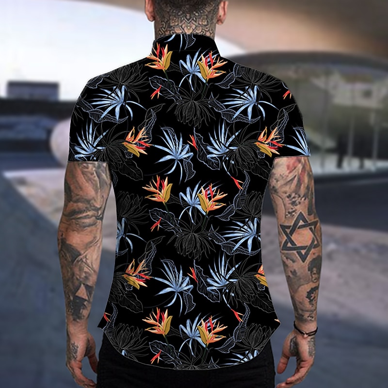Men's Hawaiian Aloha Leaves Shirt Summer Shirt Summer Hawaiian Shirt Short Sleeve Fashion Designer Casual Outdoor Casual Holiday Summer Spring Turndown Print Button-Down Black-White Black Purple2