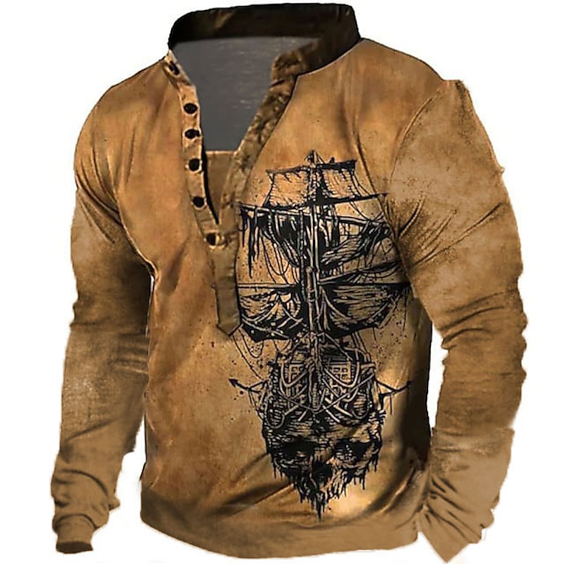Men's Unisex Nautical Graphic Prints Boat Sweatshirt Pullover Button Up Hoodie Long Sleeve Sweatshirt Standing Collar Streetwear Designer Casual 3D Print Daily Sports Holiday Zipper Print Spring