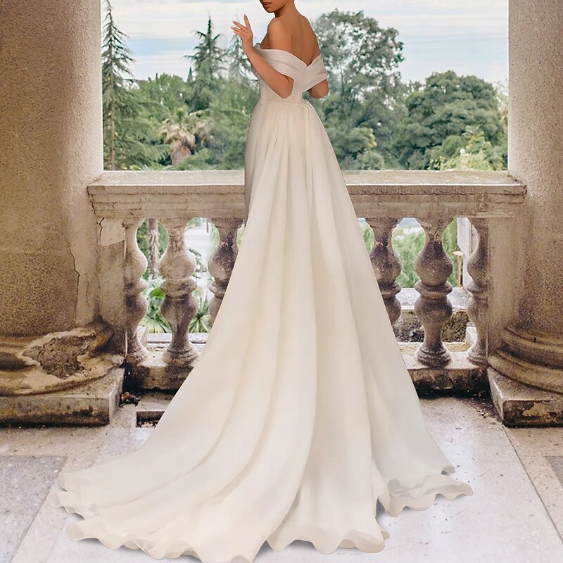 Hall Casual Wedding Dresses Sheath Off Shoulder Cap Sleeve Court Train Satin Bridal Gowns With Split Front Side-Draped2