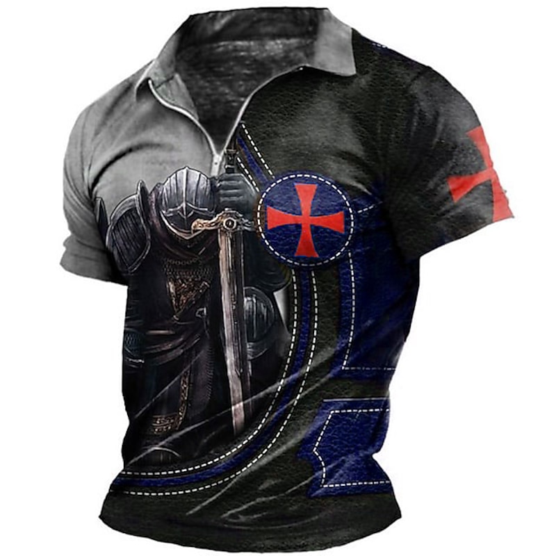 Men's Knights Templar Zip Polo Shirts Golf Shirt Short Sleeve Polo Shirts Collared Shirts Vintage Casual Vacation Wear Festival Wear Party Outfits 3D Print Quarter Zip Polo Black / Red Black Pink3